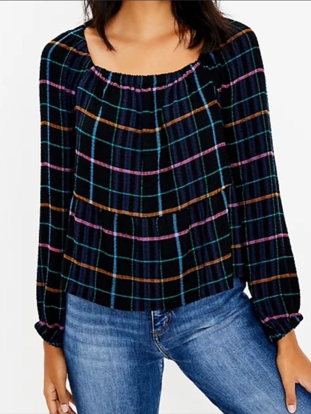 LOFT Black Plaid Peasant Blouse with Pink, Turquoise Size S